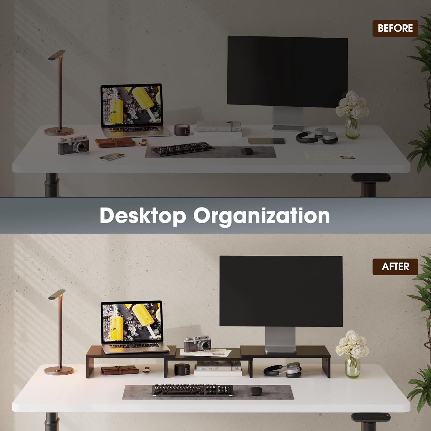 Dual Monitor Stand Riser, Adjustable Length and Angle, Black | Wooden 3-Shelf Design, Supports up to 55Lbs, Flexible for Standard Corner Space, Holds Monitor, Laptop, Phone, Printer